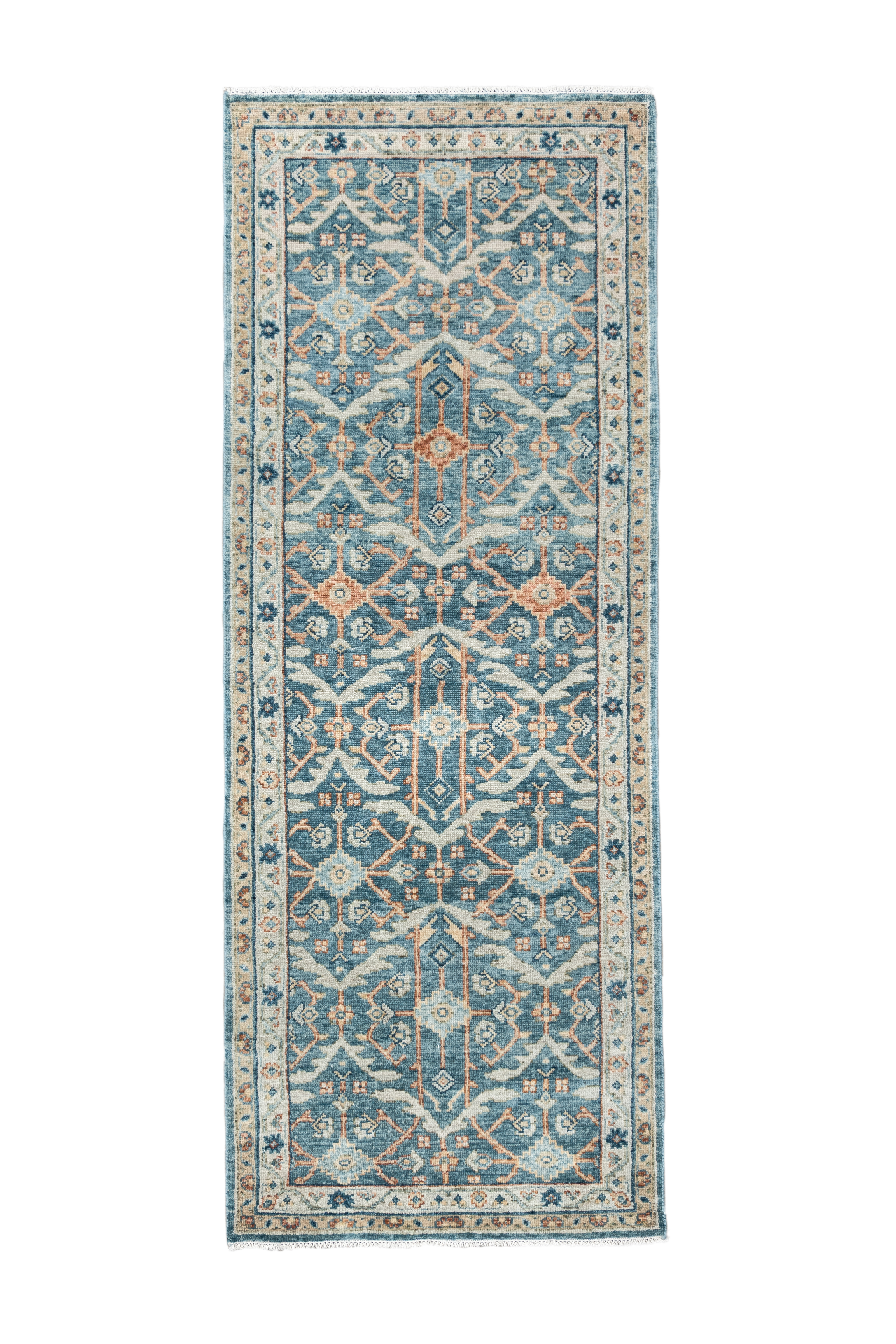 Alma Collection Malayer runner A11005 in denim teal with ivory border