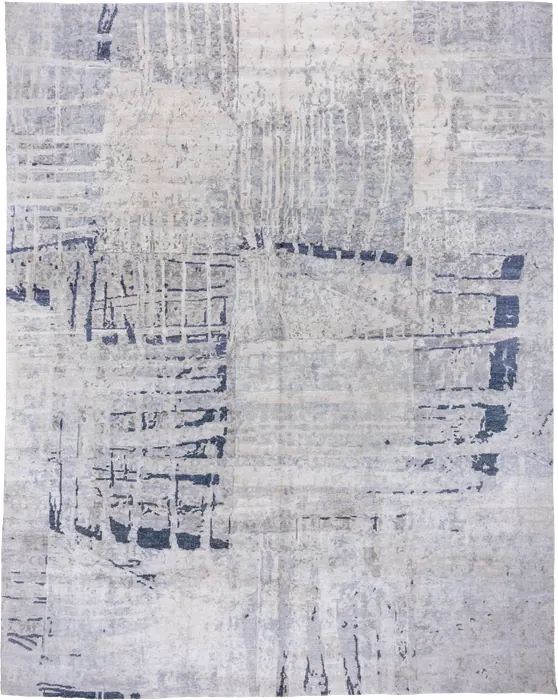 No. 76160 cream rug with distressed navy grid and ladder blocks