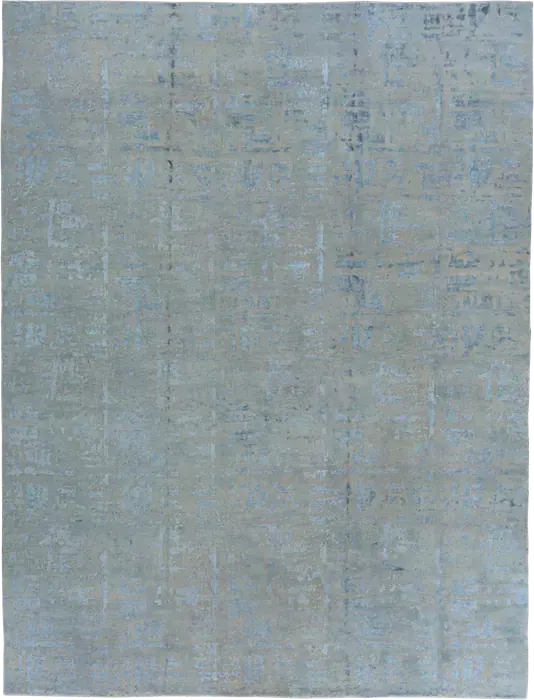 No. 88499 misty sage-grey rug with faded periwinkle grid